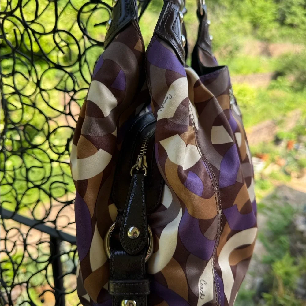 Coach Optic Legacy Hobo Shoulder Bag – Brown, Cream, & Purple Print